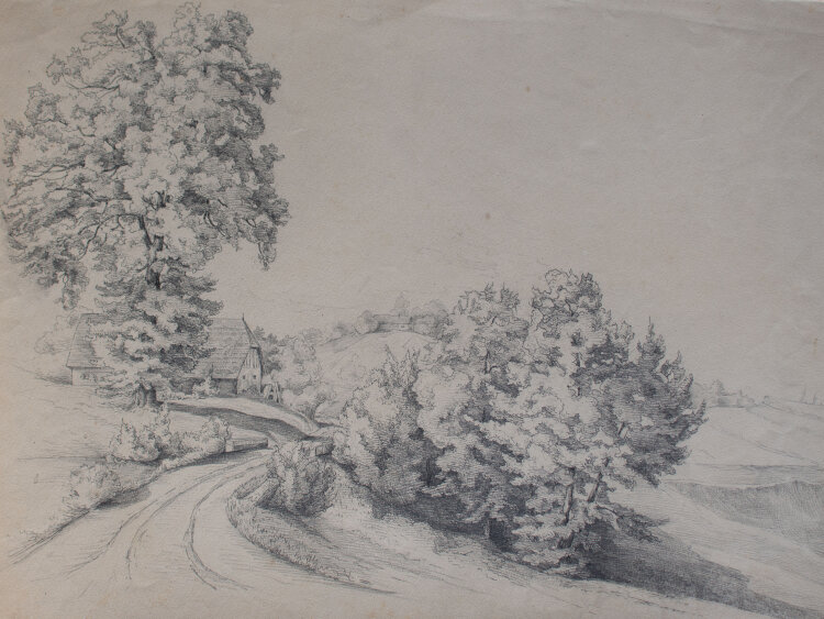 Nevina Radakovic - Landschaft mit Weg, Hof und Feldern -...