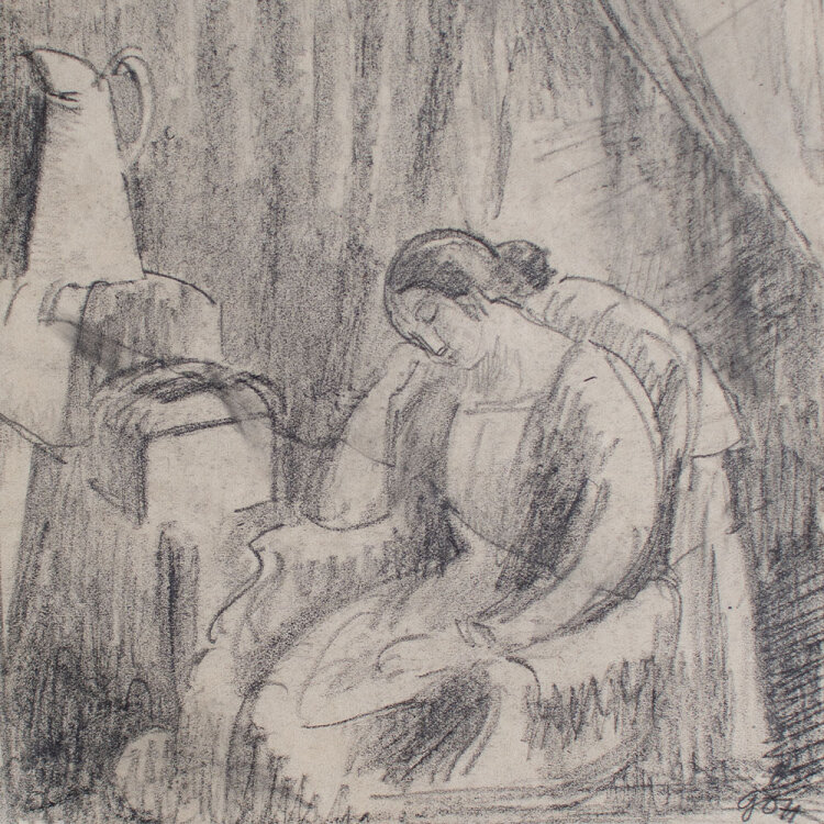 Hans Gött - Sitzendes Mädchen in Interieur - o.J. - Bleistift
