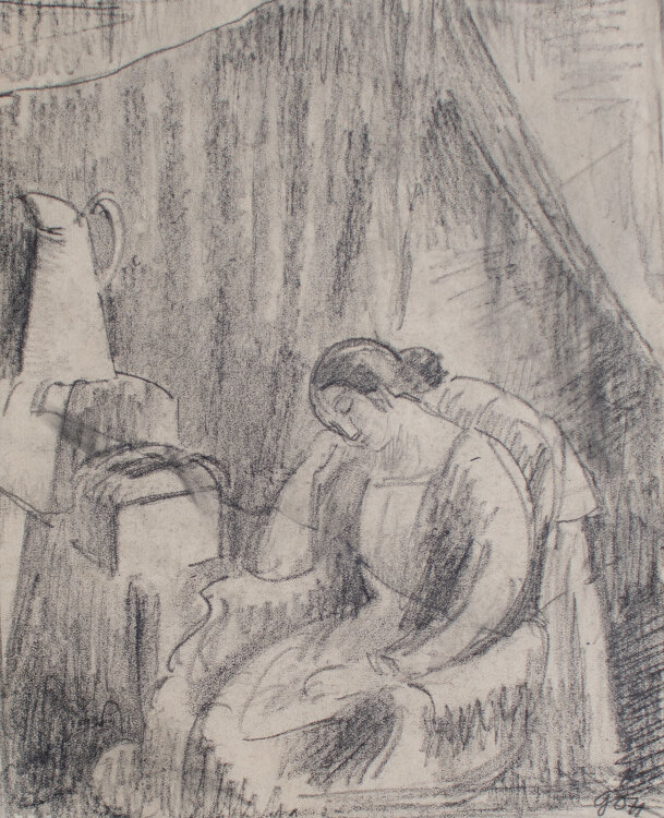 Hans Gött - Sitzendes Mädchen in Interieur - o.J. - Bleistift