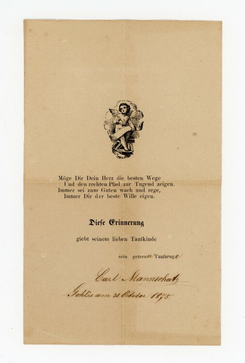 unbekannt - Taufe Engel mit Schriftbanner - 1875 - Holzstich