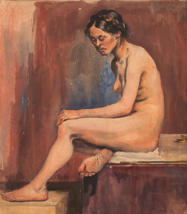 Józef Teofil Smolinski - Sitzender weiblicher Akt - unleserlich - Aquarell, Tuschfeder und Pastell auf Papier