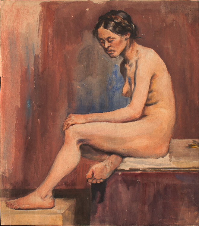 Józef Teofil Smolinski - Sitzender weiblicher Akt - unleserlich - Aquarell, Tuschfeder und Pastell auf Papier