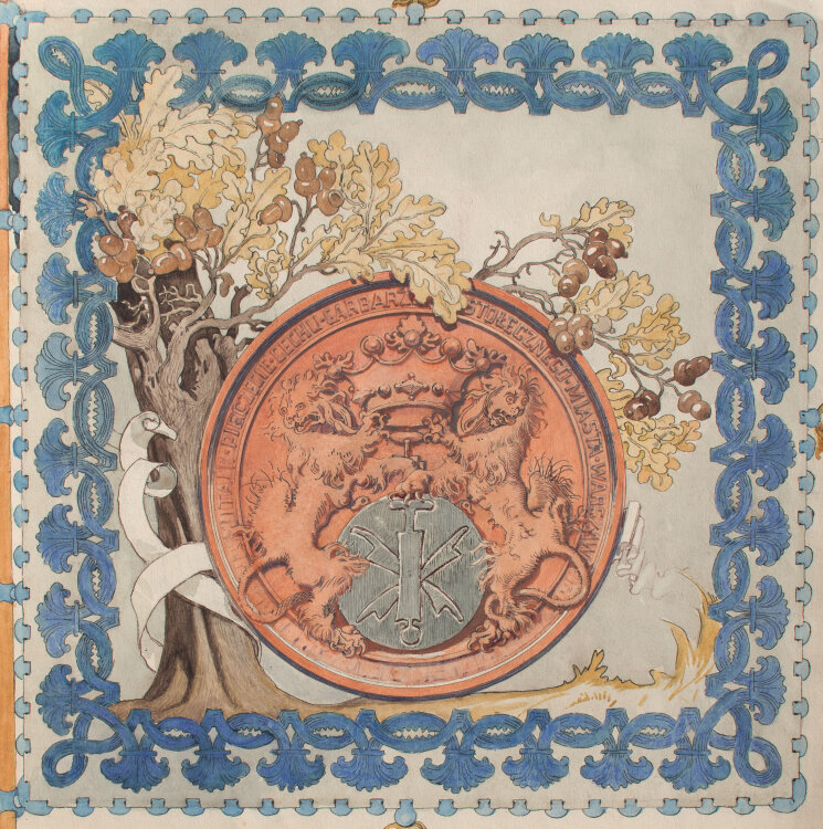 Józef Teofil Smolinski - Standarte mit Siegel der Warschauer Gerberzunft - o.J. - Gouache, teils laviert, Aquarell und Tuschfeder über Graphitstift