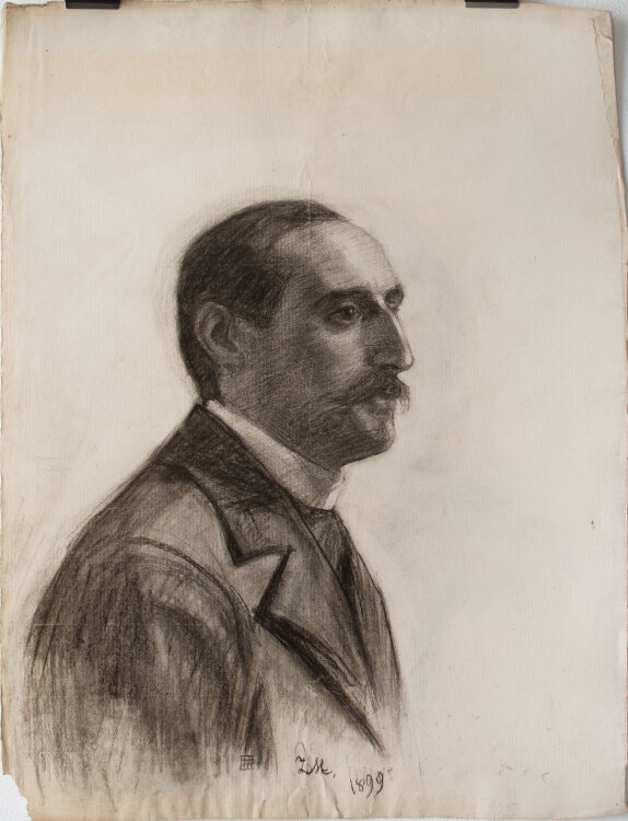 Zofia Mierzejewska - Profil eines Herren nach rechts - 1899 - Kohlestift auf geripptem Ingres-Bütten mit Wasserzeichen Ingres 1862" und Wappen "CF" mit Hermesstab"