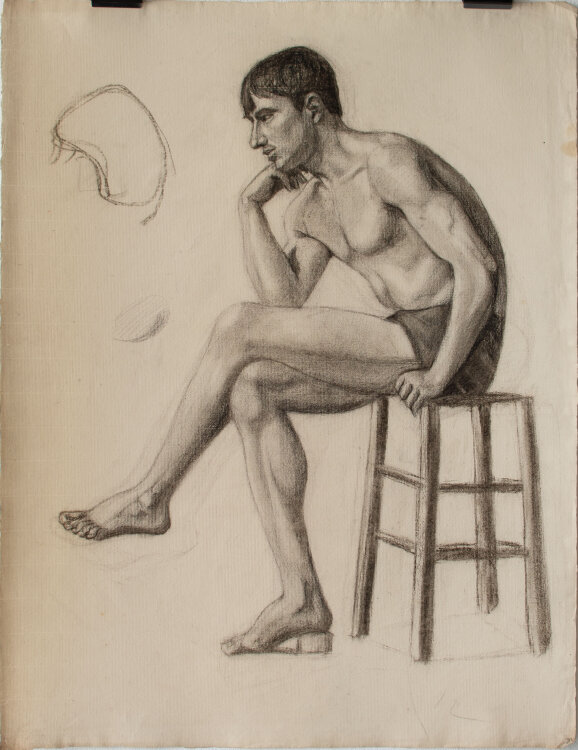 Zofia Mierzejewska - Akademische Studie eines sitzenden Männeraktes - o.J. - Kohlestift auf geripptem Ingres-Bütten mit Wasserzeichen