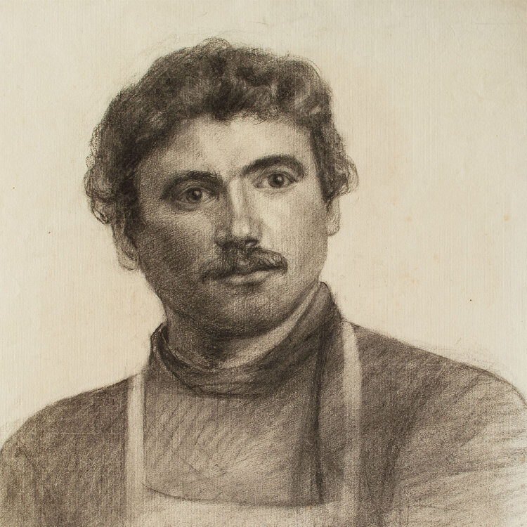 Zofia Mierzejewska - Studie eines jungen Mannes mit Schürze - o.J. - Kohlestift auf geripptem Ingres-Bütten mit Wasserzeichen Ingres 1862" und Wappen "CF" mit Hermesstab"