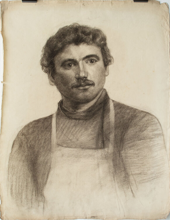 Zofia Mierzejewska - Studie eines jungen Mannes mit Schürze - o.J. - Kohlestift auf geripptem Ingres-Bütten mit Wasserzeichen Ingres 1862" und Wappen "CF" mit Hermesstab"