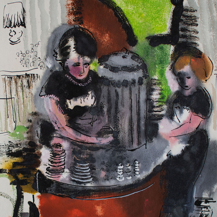 Gerhard Schulte-Dahling - An der Kaffeemaschine - o.J. - Aquarell, Tinte und Deckweiß