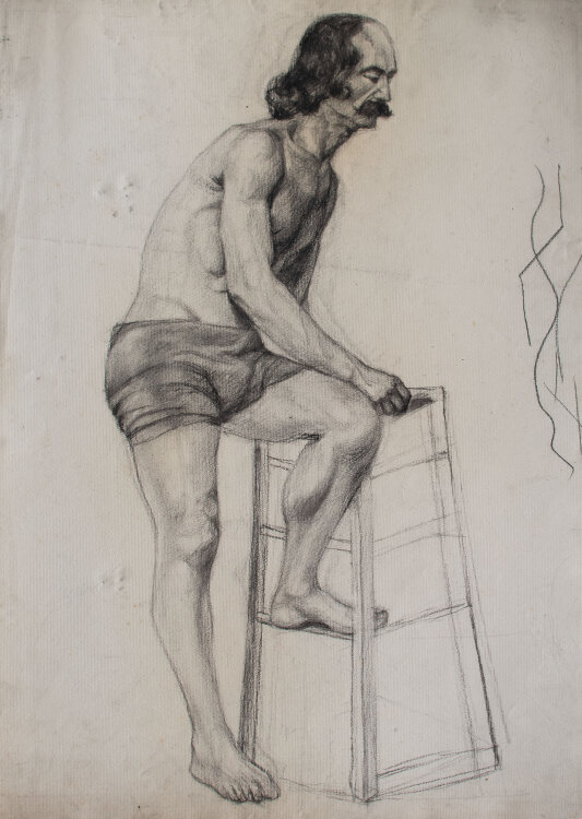 Zofia Mierzejewska - Männerakt auf einen Hocker steigend - o.J. - Kohlestift auf geripptem Ingres-Bütten mit Wasserzeichen Ingres 1871" und Wappen "CF" mit Hermesstab"