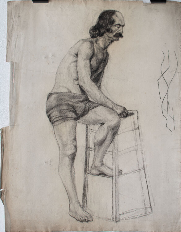 Zofia Mierzejewska - Männerakt auf einen Hocker steigend - o.J. - Kohlestift auf geripptem Ingres-Bütten mit Wasserzeichen Ingres 1871" und Wappen "CF" mit Hermesstab"