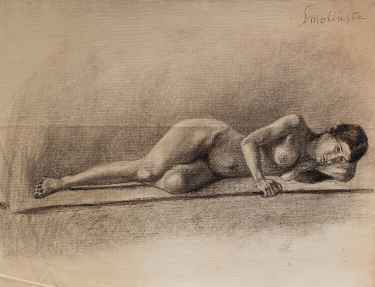 Zofia Mierzejewska - Liegender weiblicher Akt - o.J. - Kohlestift auf geripptem Ingres-Bütten mit Wasserzeichen