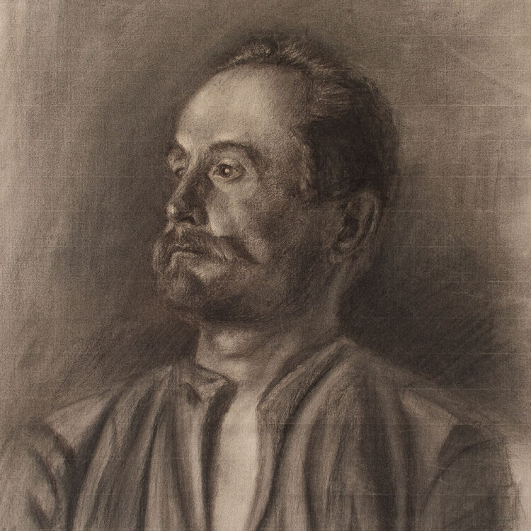 Zofia Mierzejewska - Portrait eines Mannes mit Schur- und Kinnbart - o.J. - Kohlestift auf geripptem Bütten mit Wasserzeichen PL BAS