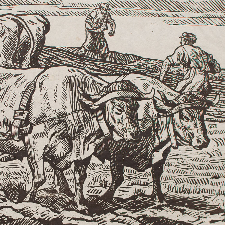 Otto Richard Bossert - Das Feld pflügen - 1916 - Holzschnitt in Dunkelbraun auf feinem geripptem Bütten