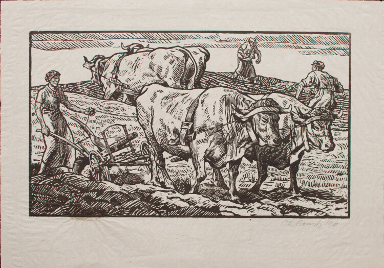 Otto Richard Bossert - Das Feld pflügen - 1916 - Holzschnitt in Dunkelbraun auf feinem geripptem Bütten