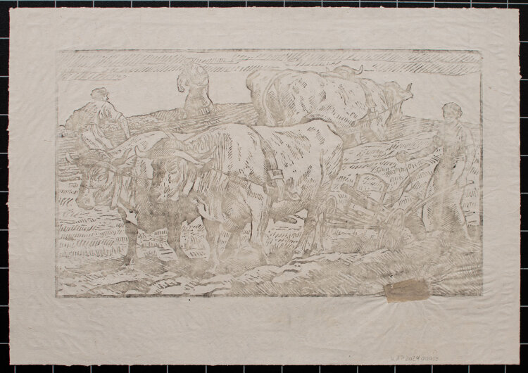 Otto Richard Bossert - Das Feld pflügen - 1916 - Holzschnitt in Dunkelbraun auf feinem geripptem Bütten