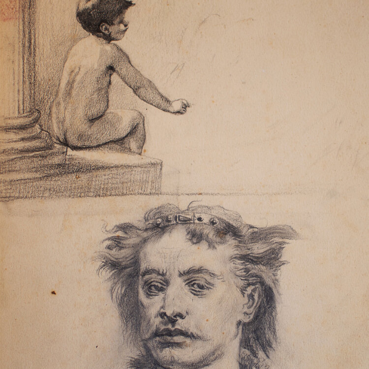 Józef Teofil Smolinski - Studienblatt mit sitzendem Kind und Männerbildnis - um 1900 - Graphit, Kreide