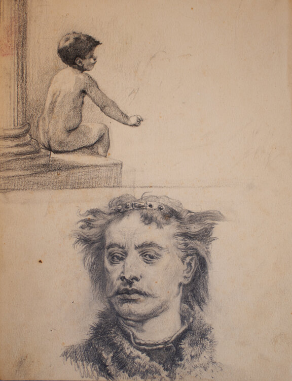 Józef Teofil Smolinski - Studienblatt mit sitzendem Kind und Männerbildnis - um 1900 - Graphit, Kreide