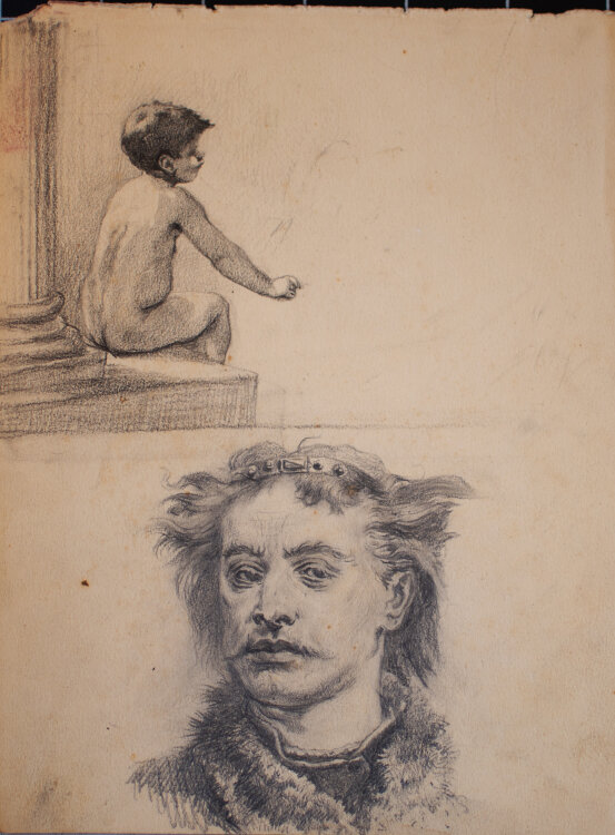 Józef Teofil Smolinski - Studienblatt mit sitzendem Kind und Männerbildnis - um 1900 - Graphit, Kreide