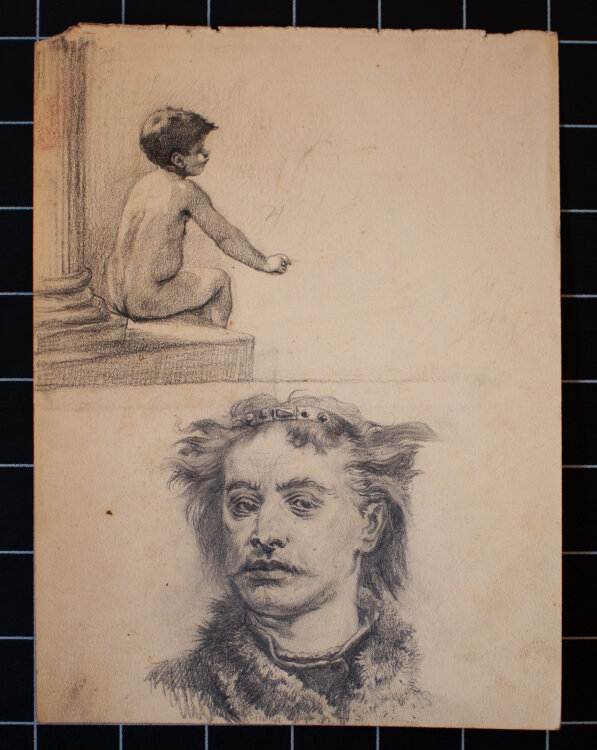 Józef Teofil Smolinski - Studienblatt mit sitzendem Kind und Männerbildnis - um 1900 - Graphit, Kreide