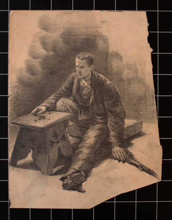 Józef Teofil Smolinski - Studienblatt Sitzender mit Hocker - um 1900 - Bleistift, Kohle