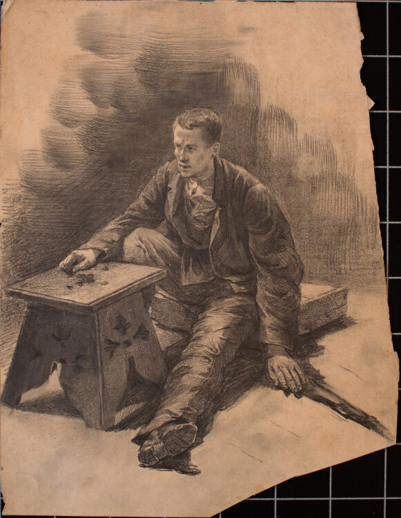 Józef Teofil Smolinski - Studienblatt Sitzender mit Hocker - um 1900 - Bleistift, Kohle