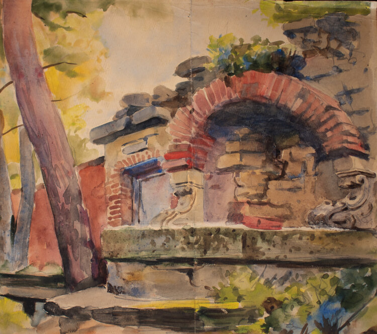 Józef Teofil Smolinski - Brunnen unter Bäumen - um 1900 - Aquarell, Bleistift