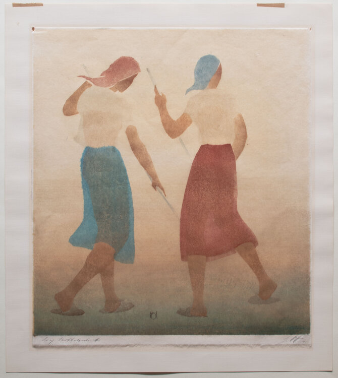 Hans Ott - Bäuerinnen beim Harken - 1958 - Farbholzschnitt auf feinem Japanpapier