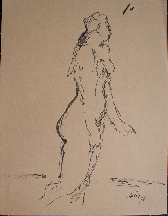 Bernt Wilke - Stehender Frauenakt - 1980 - Tusche auf getöntem Papier
