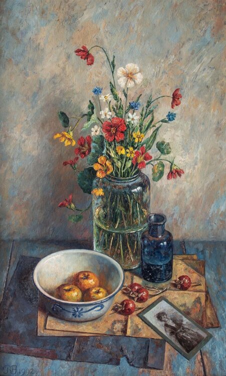 René Jansen - Stillleben mit Feldblumenstrauß - 1992 - Öl auf Hartfaser