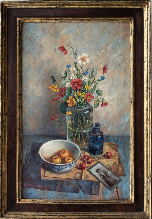 René Jansen - Stillleben mit Feldblumenstrauß - 1992 - Öl auf Hartfaser