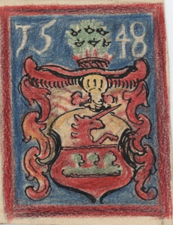 Józef Teofil Smolinski - Wappenstudie mit Einhorn und Jahreszahl - o. J. - Wachsstift, Tinte und Bleistift