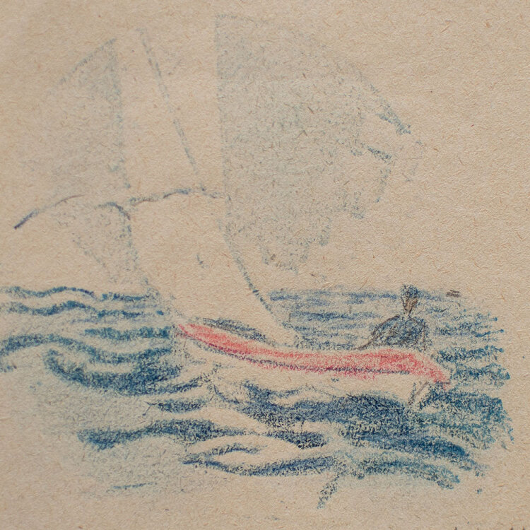 Lina Elisabeth Margarete Gerhardt - Segler auf dem Meer - o.J. - Linolschnitt in Blau und Farbstift auf feinem Velin