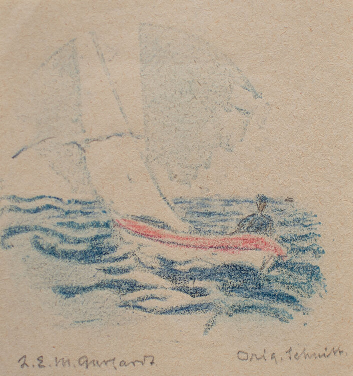 Lina Elisabeth Margarete Gerhardt - Segler auf dem Meer - o.J. - Linolschnitt in Blau und Farbstift auf feinem Velin