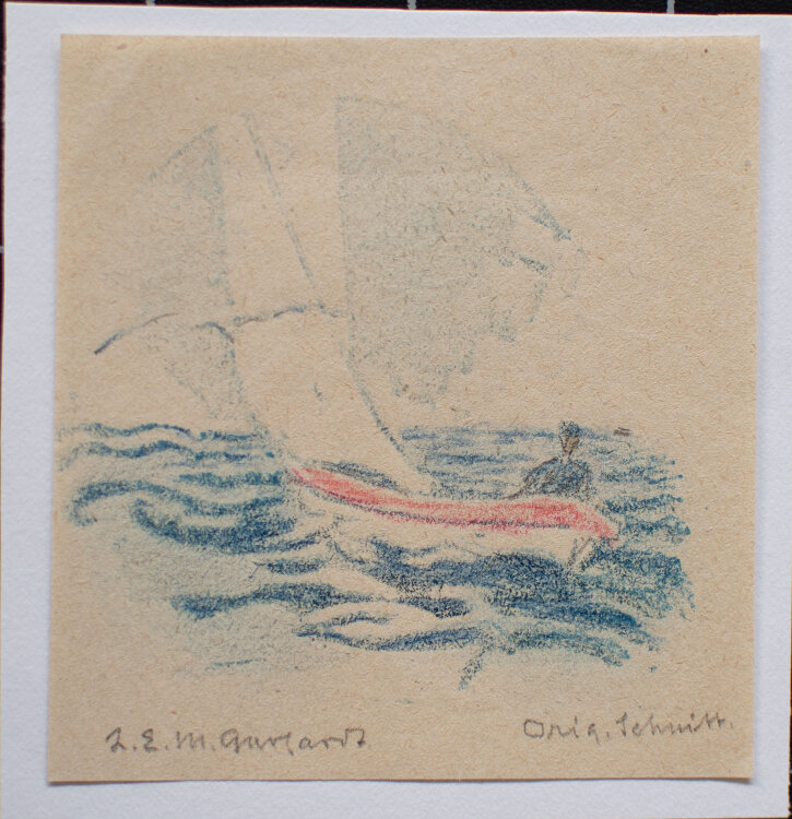 Lina Elisabeth Margarete Gerhardt - Segler auf dem Meer - o.J. - Linolschnitt in Blau und Farbstift auf feinem Velin