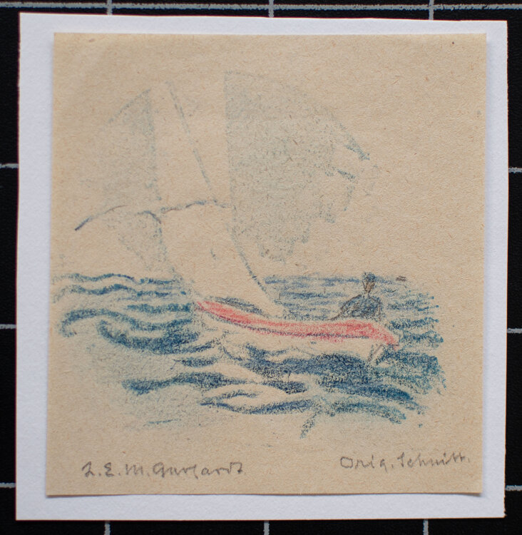 Lina Elisabeth Margarete Gerhardt - Segler auf dem Meer - o.J. - Linolschnitt in Blau und Farbstift auf feinem Velin