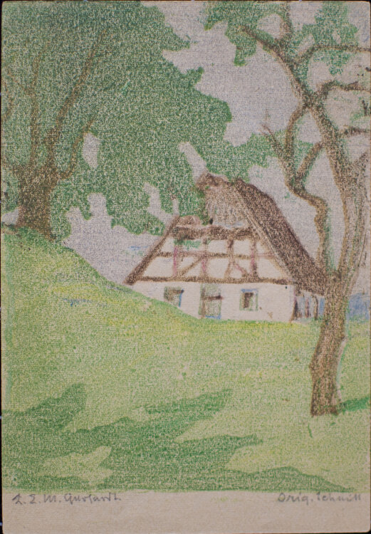 Lina Elisabeth Margarete Gerhardt - Fachwerkhaus zwischen Bäumen - 1954 - Farblinolschnitt und Farbstift  auf Postkarte