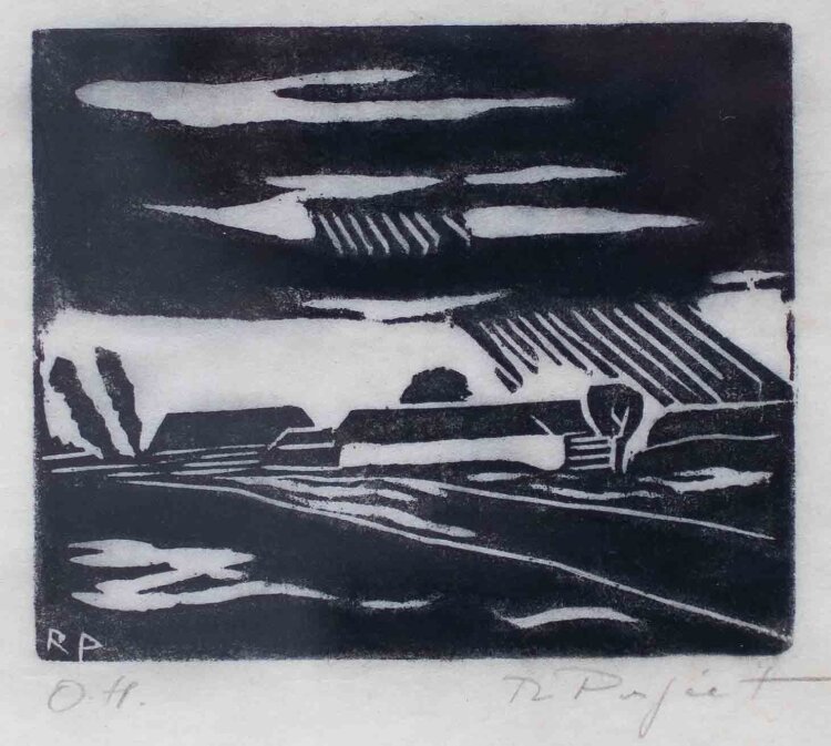 Rudolf Perpeet - Landschaft mit Gehöft - o.J. - Holzschnitt auf Japanpapier