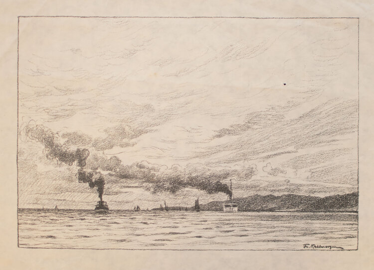 Friedrich Kallmorgen - Dampfer und Segelschiffe auf dem Wasser - o.J. - Lithografie auf glattem cremefarbenem Papier