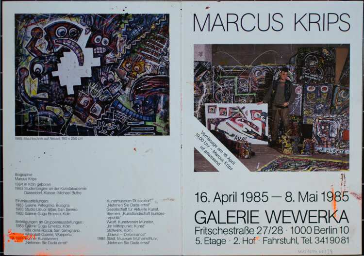 Marcus Krips - Ausstellungsflyer mit Graffiti und Zeichnung - 1985 - Mischtechnik Graffitti