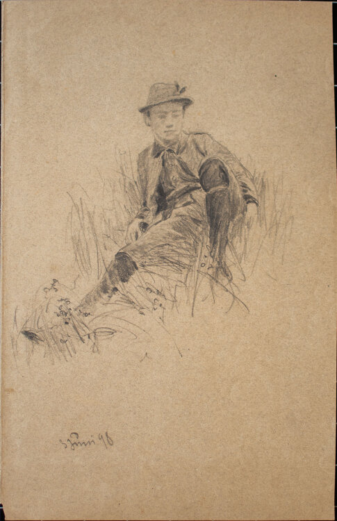 Friedrich Kallmorgen unsigniert - Walther Kallmorgen in bayrischer Tracht - 1898 - Graphitstift auf getöntem Papier