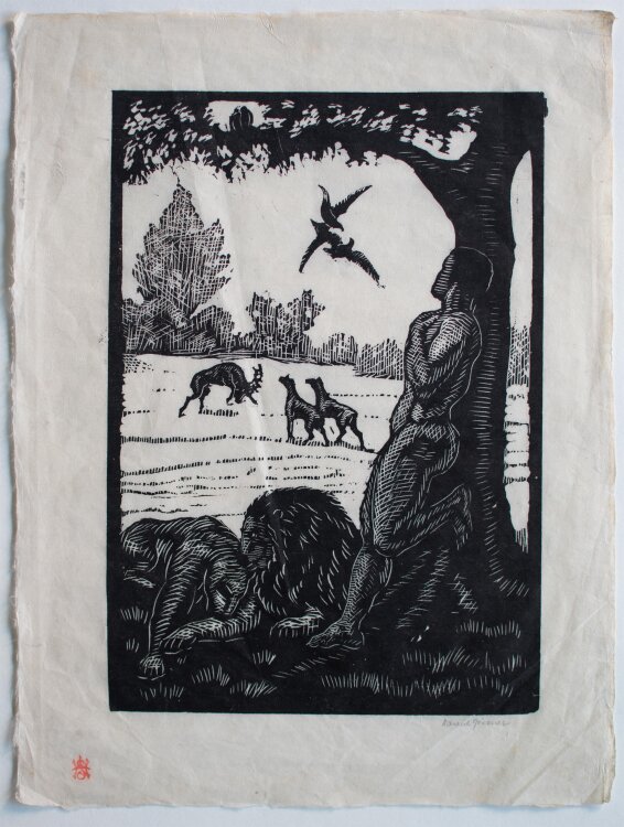 Daniel Greiner - Männerakt mit Löwen - o.J. - Holzschnitt auf Japanpapier