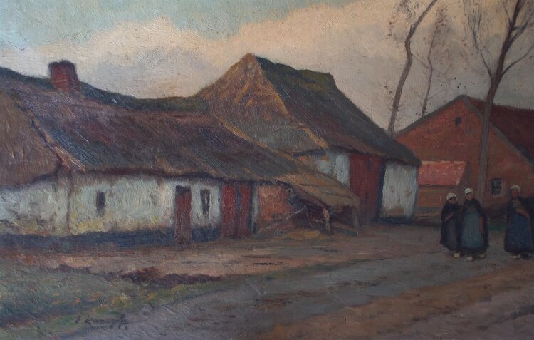 Eugen Kampf - Flämisches Dorf - 1967 - Öl auf Malpappe