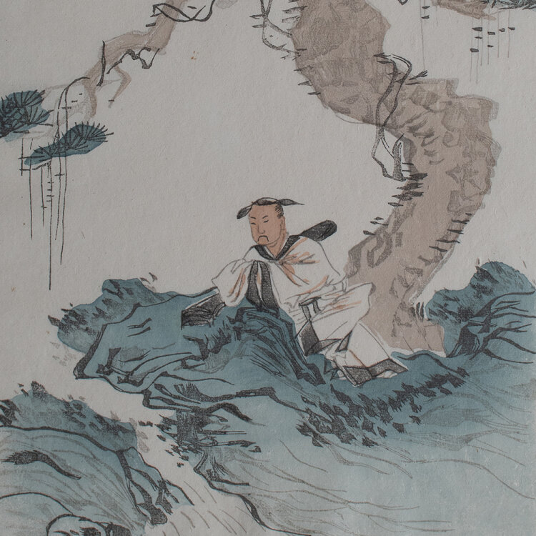 unbekannt chinesisch - Mann unter einem Baum sitzend - undatiert - Farbholzschnitt auf Japanpapier