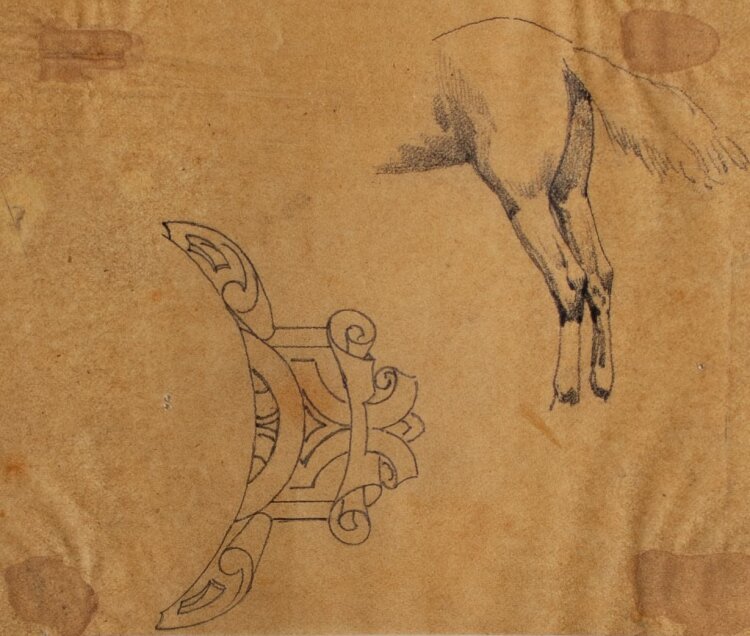 Theodor Volmar - Studie zum Pferd und Kartusche - Bleistiftzeichnung - o. J.