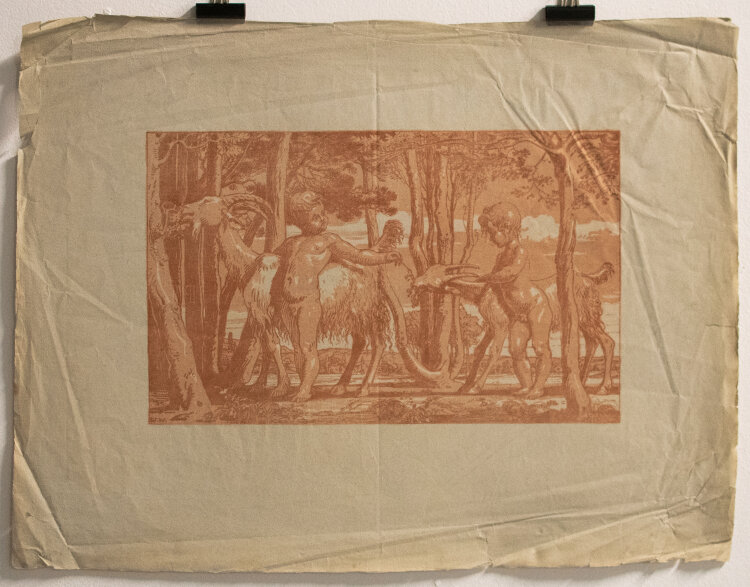 Wilhelm Wohlgemuth - Putten mit Ziegen im Wald - o.J. - Lithografie in rotbraun auf hellgrauem, geripptem Bütten mit Wasserzeichen PL BAS