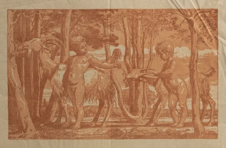 Wilhelm Wohlgemuth - Putten mit Ziegen im Wald - o.J. - Lithografie in rotbraun auf hellgrauem, geripptem Bütten mit Wasserzeichen PL BAS