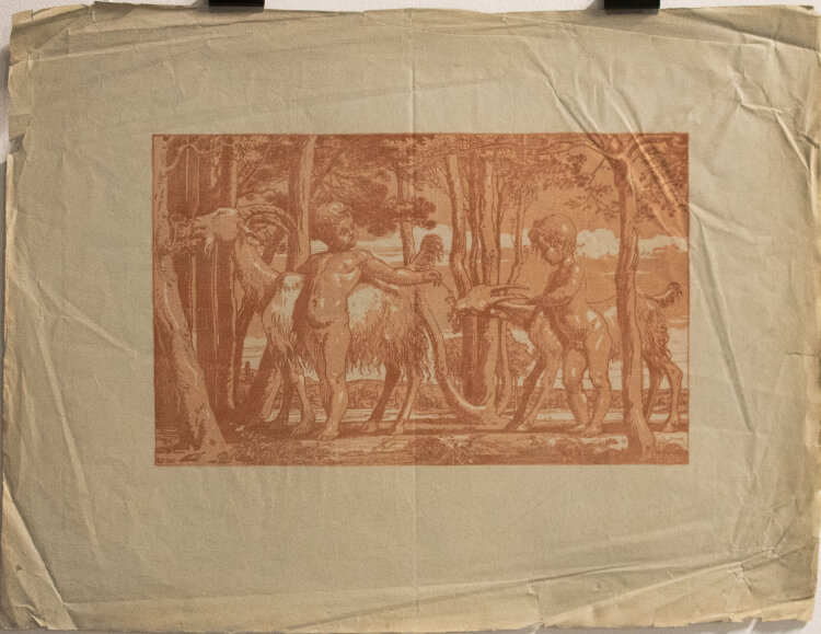 Wilhelm Wohlgemuth - Putten mit Ziegen im Wald - o.J. - Lithografie in rotbraun auf hellgrauem, geripptem Bütten mit Wasserzeichen PL BAS