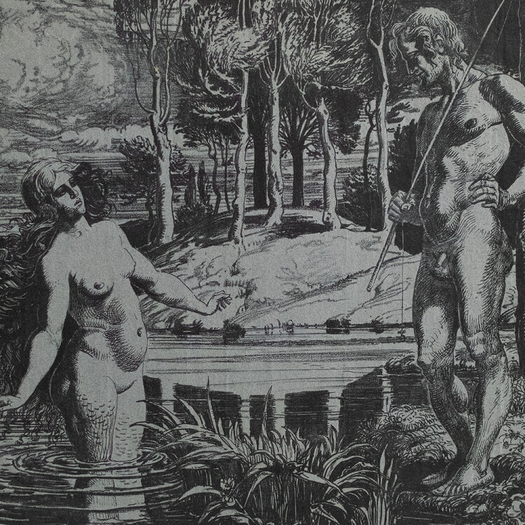 Wilhelm Wohlgemuth - Angler und Nymphe - o.J. - Lithografie auf graublauem, geripptem Bütten mit Wasserzeichen PL BAS