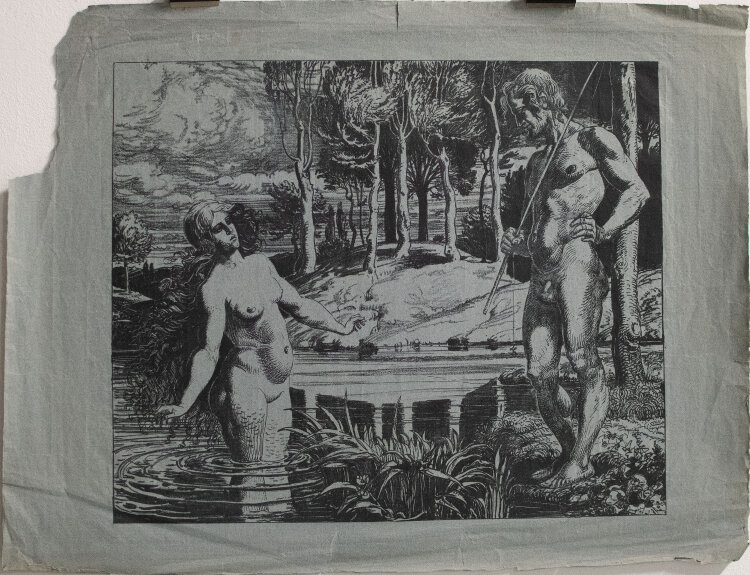 Wilhelm Wohlgemuth - Angler und Nymphe - o.J. - Lithografie auf graublauem, geripptem Bütten mit Wasserzeichen PL BAS