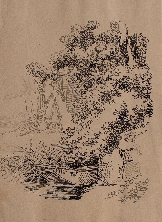 Joseph Simon Volmar - Boot an einem Weiher - Tuschezeichnung - o.J.